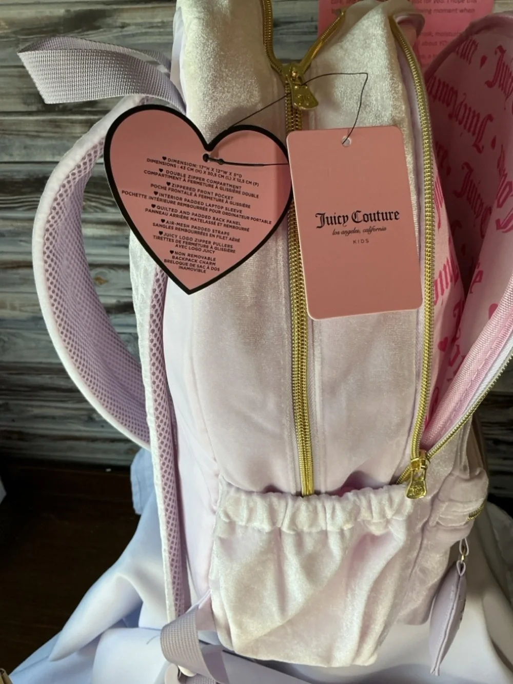 ⭐ Juicy Couture Y2K Pink Velour Backpack Rhinestone Logo Heart Coin Purse